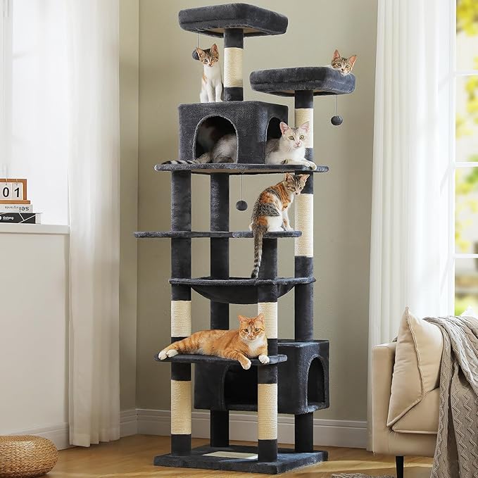 PAWZ Road Heavy Duty Cat Tree for Large Cats, 81 Inches Tall Cat Tower with 2 Perches, 2 Condos and Spacious Hammock, XL Extra Large Condo with 7 Scratching Posts for 20lb+ Adult Cats, Dark Gray