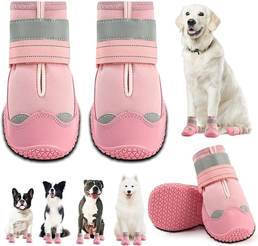 Dog Shoes for Large Dogs, Medium Dog Boots & Paw Protectors for Hardwood Floors, Outdoor Dog Booties for Hot Pavement Winter Snow Hiking, Waterproof Dog Shoes with Reflective Strips Size 4