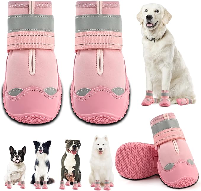 Dog Shoes for Large Dogs, Medium Dog Boots & Paw Protectors for Hardwood Floors, Outdoor Dog Booties for Hot Pavement Winter Snow Hiking, Waterproof Dog Shoes with Reflective Strips Size 5