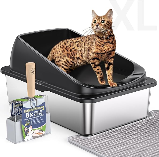 Stainless Steel Cat Litter Box with Scoop, Metal Litter Box High Sided, Cat Litter Box Enclosure, XL Extra Large High-Sided Litter Boxs (Anti-Urine Leakage, Include Scoop) (Black)