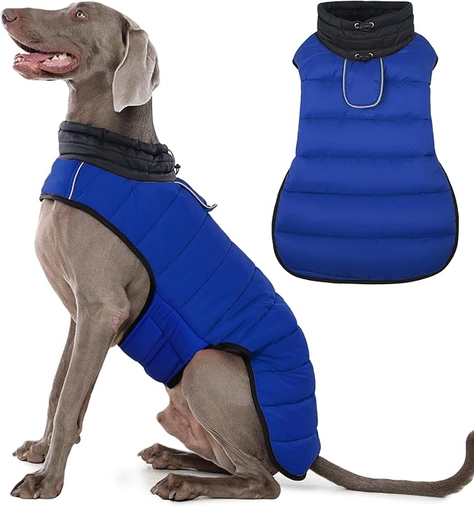 IDOMIK Dog Winter Coat, Warm Waterproof Dog Puffer Jacket with Harness Hole, Adjustable Reflective Snow Jacket Vest with Turtleneck, Pet Cold Weather Coats for Large Dogs,Blue,3XL