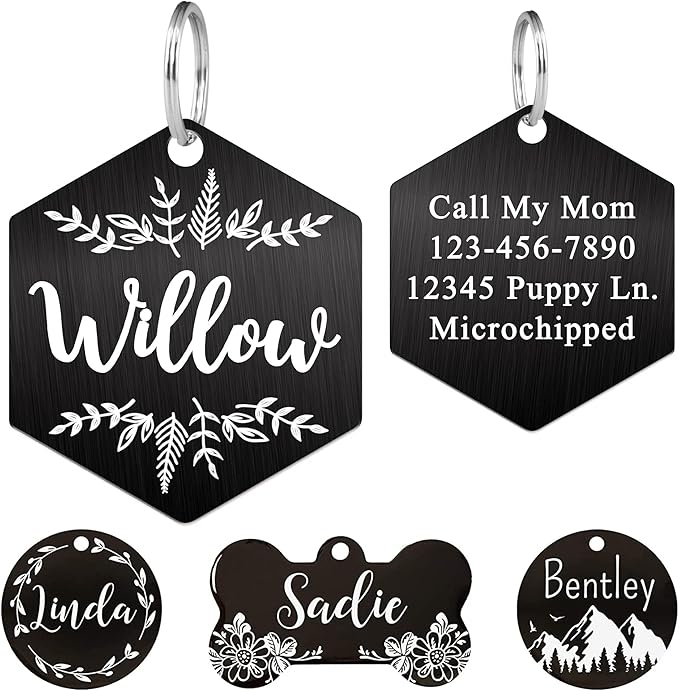 Ultra Joys Stainless Steel Pet ID Tag Dog Name Tags Personalized Front and Back Engraving, Customized Dog Tags and Cat Tag, Optional Engraved on Both Sides, Hexagon Tag with Vine Design, Small