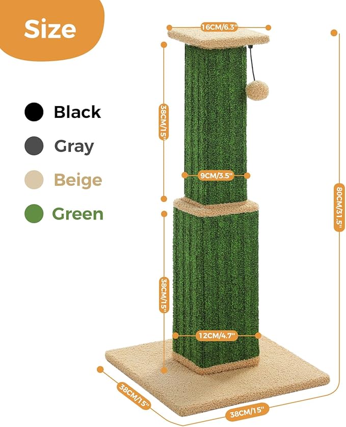 PAWZ Road Carpet Cat Scratching Post 32” Tall Scratching Post for Indoor Cats Adults Ultimate Scratch Post with Carpet, Large Base and Removable Dangling Ball- Green