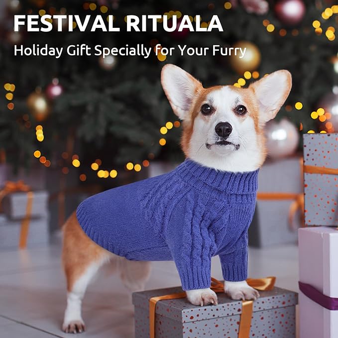 Queenmore Dog Sweaters for Small Dogs, Long Sleeve Doggie Sweater with High Neck, Soft Comfortable Pet Pullover with Patterns, Christmas Warm Dog Kintsweater for Chihuahua Yorkie Pomeranian (Blue,S)