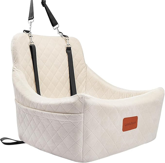 Dog Car Seat for Medium Dogs Up to 35lbs,Easy to Install with Adjustable Straps,Anti-Slip Bottom,Fully Detachable and Washable,Soft Fabric Fill in Memory Foam,2 Side Pockets(Beige,Medium)