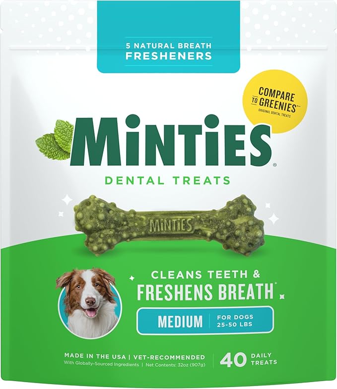 Minties Dental Chews for Dogs, 40 Count, Vet-Recommended Mint-Flavored Dental Treats for Medium Dogs 25-50 lbs, Dental Bones Clean Teeth, Fight Bad Breath, and Removes Plaque and Tartar
