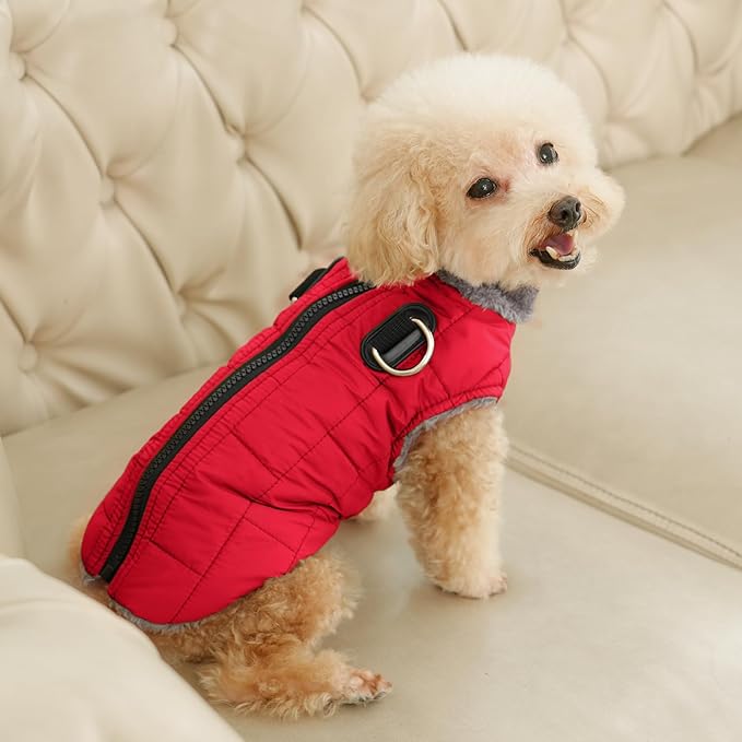 Warm Fleece Dog Coats with Durable Harness Buitl in D-Ring,Waterproof Doggie Jacket for Large Dogs,Dog Vest for Cold Winter,Red XXL