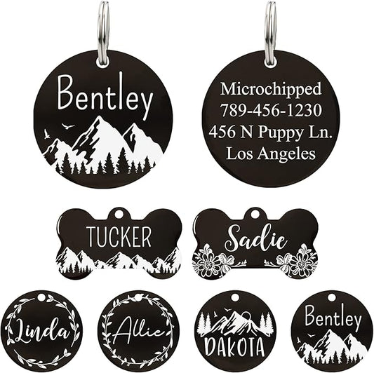 Ultra Joys Stainless Steel Pet ID Tag Dog Name Tags Personalized Front & Back Engraving, Customized Dog Tags and Cat Tags, Optional Engraved on Both Sides, Round Tag Mountain on Bottom Design Small