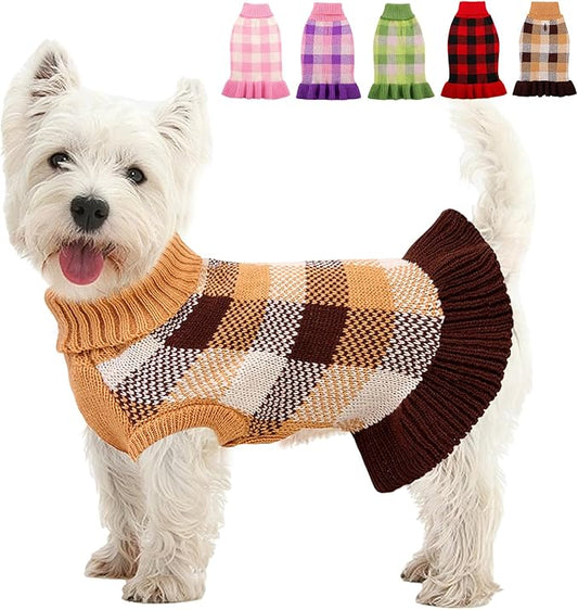 Dog Sweater Dress Plaid Knitwear for Small Medium Dogs Warm Puppy Pet Turtleneck Stretch Pullover Cute Fall Winter Vest Clothes with Leash Hole for Christmas (Coffee, XL)
