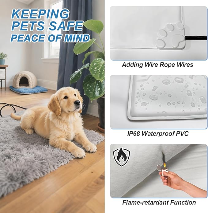 Extra Large Dog Heating Pad, 47×30 In with Smart Thermostat Switch and Power Line Protection Tube,Obtained MET and UL Dual Certification,Waterproof Pet Heating Pad with Long Velvet Cloth Cover