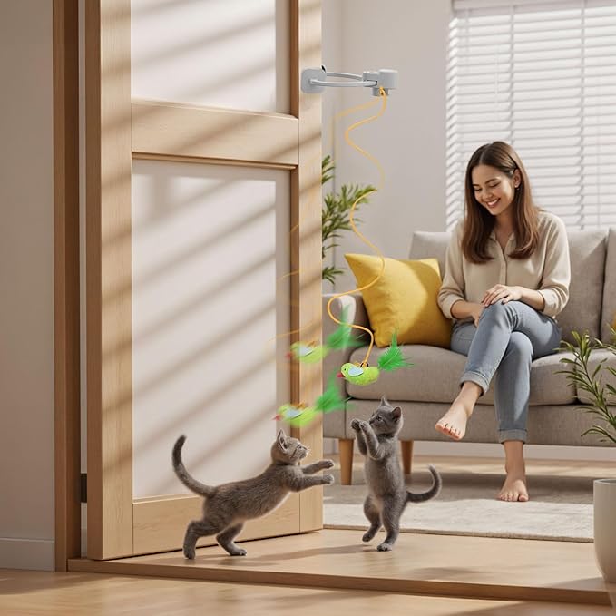 Interactive Cat Toys for Indoor Cats: Automatic Flying Bird Feather Wand Chase Exercise Enrichment Stimulation, USB Rechargeable Durable Safe Hanging Toy for Bored Kittens Adult Multi Cat Households