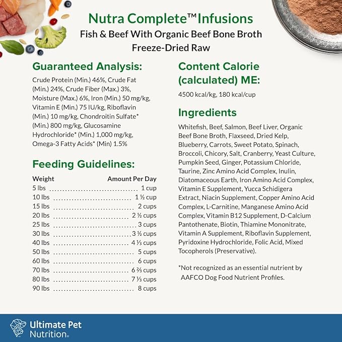 ULTIMATE PET NUTRITION Nutra Complete Bone Broth Infusions, 100% Freeze Dried Raw Veterinarian Formulated Dog Food with Antioxidants Prebiotics and Amino Acids, (3 Pound, Bone Broth Fish)