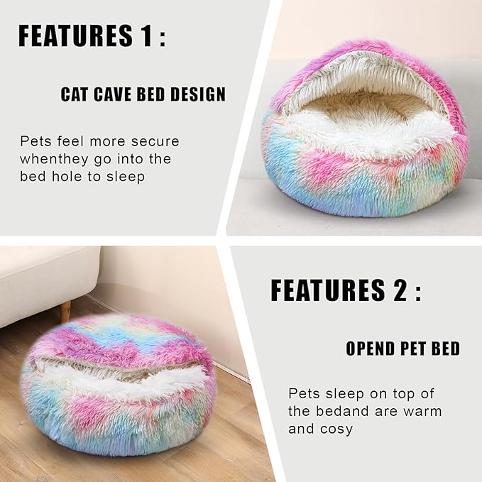 Dazzle Calming Dog & Cat Cave Bed with Washable, Anti-Slip Faux Fur Cover, Comfortable Warming Pet Bed for Small Medium Pets (24 * 24 inch)