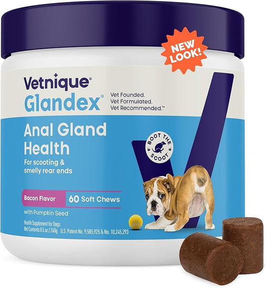 Vetnique Labs Glandex Anal Gland Soft Chew Treats with Pumpkin for Dogs Digestive Enzymes, Probiotics Fiber Supplement for Dogs Boot The Scoot (Bacon/Pork Chews, 60 Count)