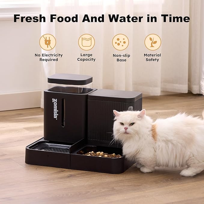 Gravity Cat Feeder and Water Dispenser, 2 in 1 Automatic Cat Feeder with 180 Degree Rotatable, 2 Pack Large Capacity Self Feeding for Small Medium Dog Puppy Kitten, Black, 1.6GALx2