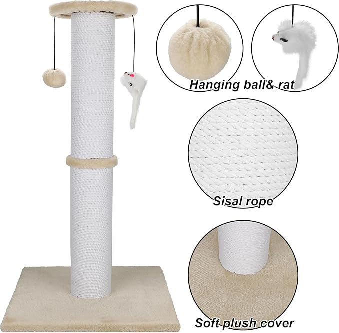 Cat Scratching Post 34 Inches Heavy Duty and Thicker Cat Scratching Post Sisal Rope with Hanging Ball and Mice Scratching Post for Indoor Cats and Adult(Beige)