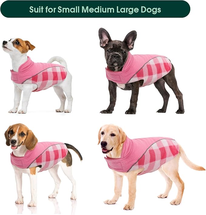 Kuoser Dog Winter Coat, Reversible Waterproof Dog Jacket with Reflective Strip, Warm Dogs Fleece Vest Adjustable Doggy Cold Weather Clothes Plaid Christmas Outfit Pet Apparel for Large Dogs, Pink L
