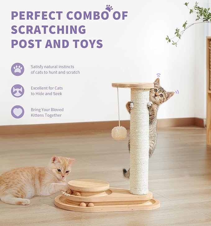 Made4Pets Cat Scratching Post Cat Scratcher Kitten Toys for Indoor Cats Wooden Ball Track Two-Layer Modern Sisal 17.7" Tall Scratch Post Interactive Toy with Dangling Ball