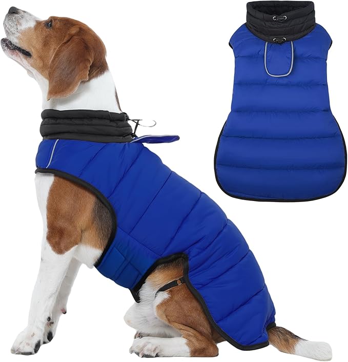 IDOMIK Dog Winter Coat, Warm Waterproof Dog Puffer Jacket with Harness Hole, Adjustable Reflective Snow Jacket Vest with Turtleneck, Pet Cold Weather Coats for Large Dogs,Blue,XL