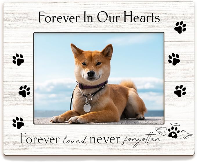 Dog Memorial Picture Frame 5x7, Memorial Pet Photo Frame, Dog Cat Memory Gifts for Loss of Dogs Cats, Forever in Our Hearts Sympathy Gifts Wooden Picture Photo Frames for Desk Home Room Decor