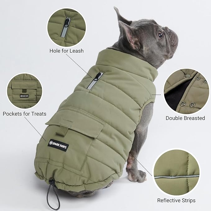 Spark Paws Dog Winter Jacket, Water-Resistant Coat, Warm Reflective Windproof Fleece-Interior, for Medium and Large Dogs - Olive - 4XL