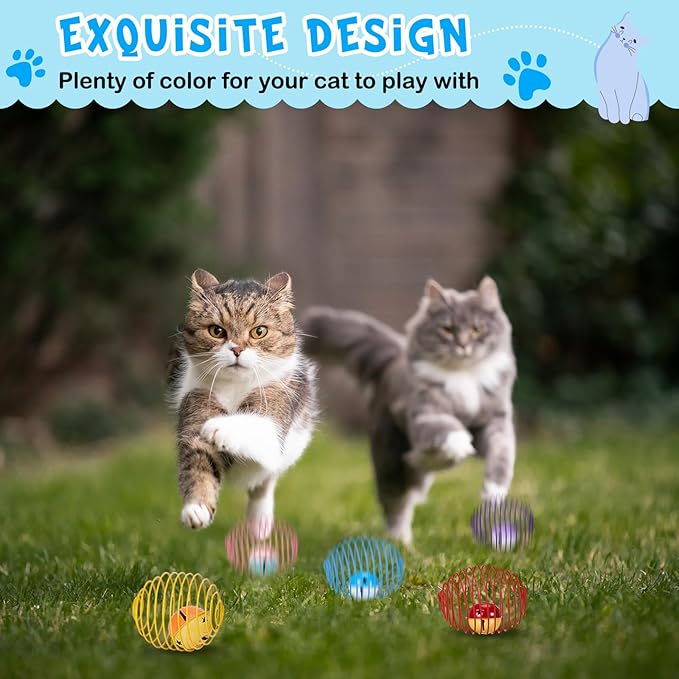 Jecery 5 Pcs Cat Spring Balls Stretchable Springs Toys Rolling Balls Colorful Playful Coils Interactive Spring Action Toy Caged Rats for Kitten Cat Pet Supplies Indoor (Bell,Multicolor)