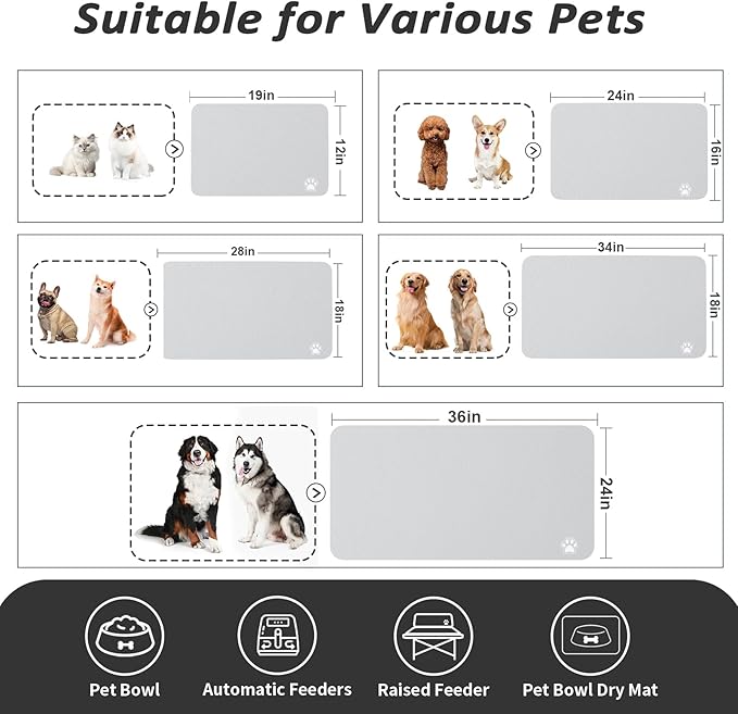 Pet Feeding Mat - Absorbent Dog Mat for Food and Water, No Stains Cat Bowl Mat, Easy to Clean Pet Placemats, Quick Dry Dog Water Dispenser Mat for Messy Drinkers | Paw Light Grey 16"x 24"