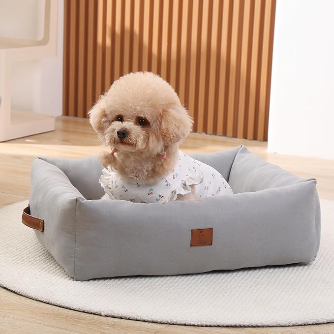 25In Dog Bed for Small Medium Sized Dogs - Washable Rectangle Puppy Bed for Indoor Outdoor, Cozy Pet Bed with Support Pillow & Non-Slip Bottom(Pale Grey, Medium)