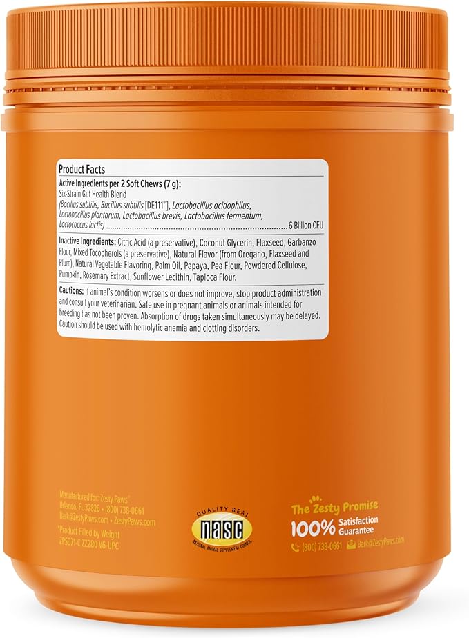 Zesty Paws Probiotics for Dogs, Digestive Enzymes Gut Flora, Digestive Health, Diarrhea & Bowel Support, DE111, Dog Probiotic Soft Chew for Pet Immune System, Pumpkin, 250 Ct