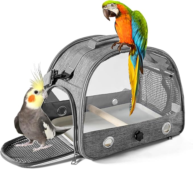 Small Bird Carrier Cage with Standing Perch & Tray Portable & Breathable Pet Travle Transport Carry Bag with Shoulder Strap for Vet Visit & Outdoor Walking (Grey)