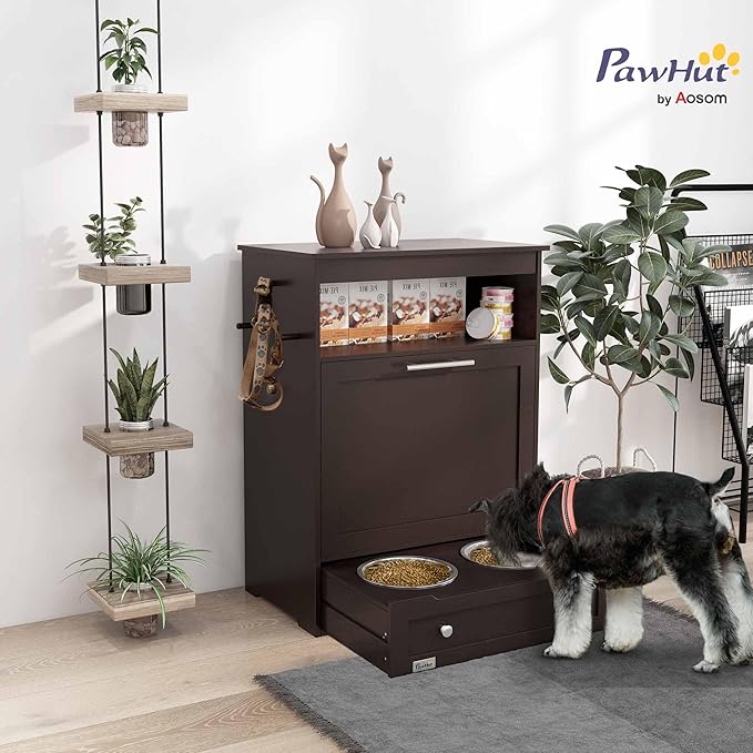 PawHut Dog Feeding Station with Storage, Pet Feeder Cabinet Container with Raised Bowls and Hanger for Feeding & Watering Supplies, Dog Food Organizer, Brown