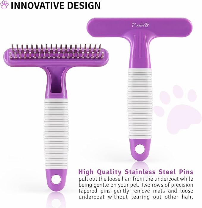 POODLIE Poodle Pet Dog Grooming Rake| Dematting Tool with Stainless Steel Shedding Comb for Pets | 2 Rows of Pins Gently Remove Loose or Tangled Hair from Undercoat | Purple Handle