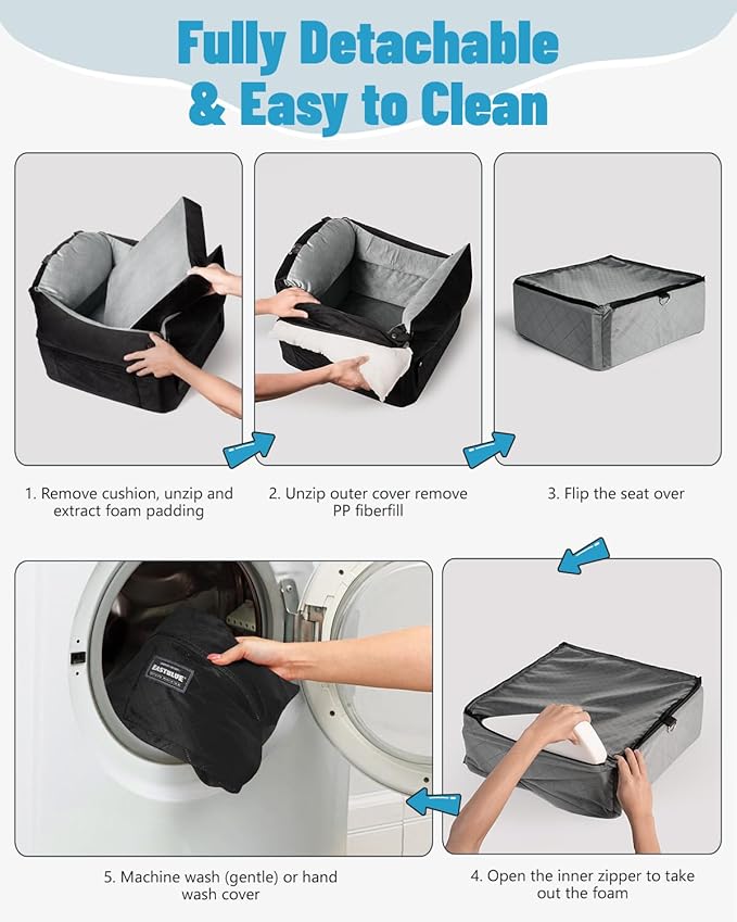 EASTBLUE Dog Car Seat for Small Medium Dogs Up to 35 lbs, Memory Foam Dog Booster Car Seat with Seatbelt, Detachable Washable Pet Carseat for Puppy & Cat, Dogs Travel Bed for Cars (Black/Grey)