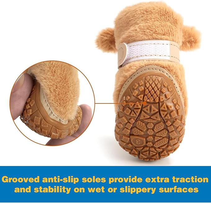 Dog Shoes for Small Dogs, Fleece Dog Boots Paw Protector for Comfort and Warmth, Dog Booties with Anti-Slip Sole for Winter Snow Hardwood Floors Walking Brown Size 2