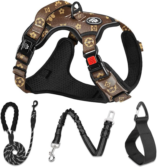 NESTROAD No Pull Dog Harness,Adjustable Oxford Dog Vest Harness with Leash,Reflective No-Choke Pet Harness with Easy Control Soft Handle for Large Dogs(Large,Dark Brown)