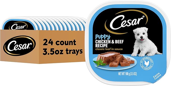 Cesar Puppy Wet Dog Food Classic Loaf in Sauce Chicken & Beef Recipe, 3.5 oz. Easy Peel Trays (24 Count, Pack of 1)