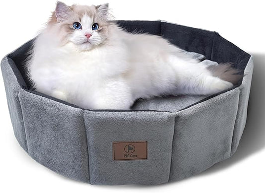 Cat Bed Kitten Bed, Washable Round Cat Beds for Indoor Cats, Super Soft Faux Rabbit Fur Small Kitten Bed for Puppy and kitten, Fluffy Inner Mat Filling Memory Foam with Anti-Slip Bottom (Gray)