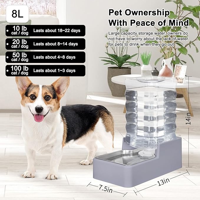 Automatic Water Dispenser Large: Upgraded 100% BPA-Free 8L Light Gray Stainless Steel Bowl Gravity Waterer for Medium/Large Pets