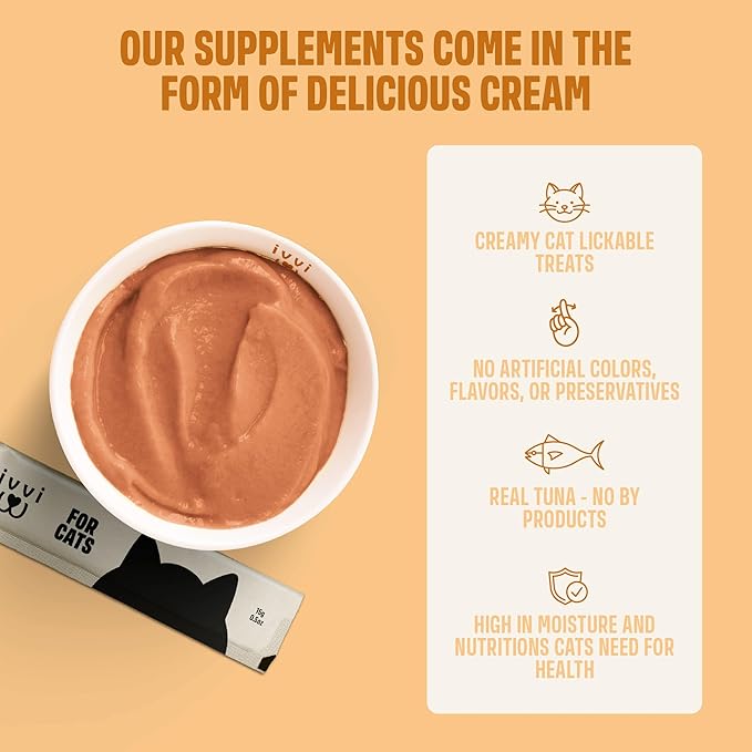 ivvi Skin & Coat for Cats – Functional Creamy Snack with Salmon Oil, Algae Oil, Zinc, Collagen & Biotin – Supports Skin and Fur Health – 30 x 0.53 oz Sachets – with Real Tuna