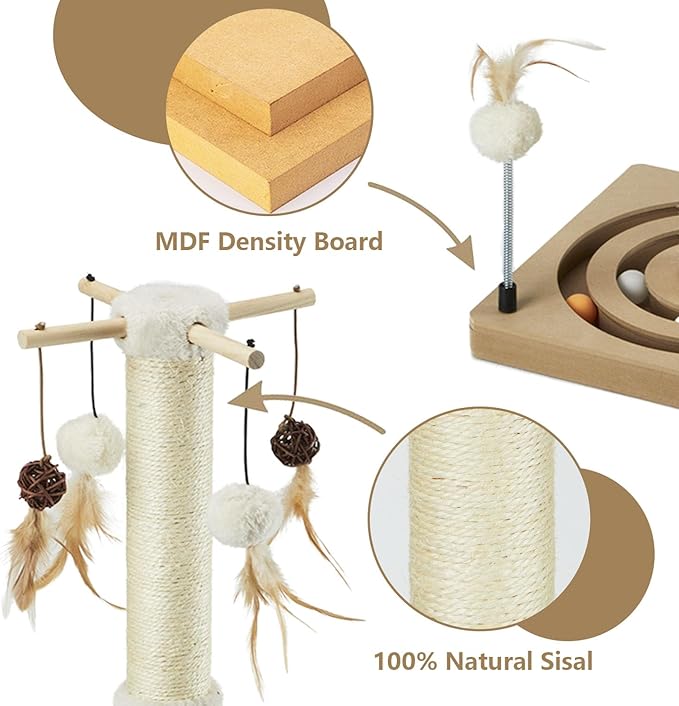 PEEKAB Cat Scratching Post Sisal Scratch Posts for Indoor Cats and Kittens with Tracking Ball Interactive Toys and Hanging Balls 30 Inches Beige