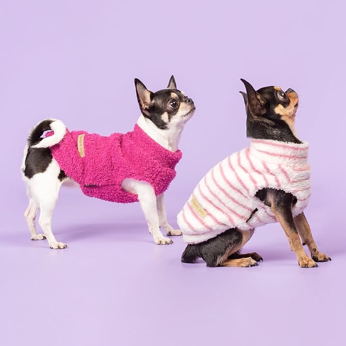 Fitwarm 2 Pack Striped Fleece Dog Sweater, Warm Winter Dog Clothes for Small Dogs Girl, Fuzzy Turtleneck Pet Outfit, Doggy Pullover Jumper, Rose Pink, White, Light Pink, Medium