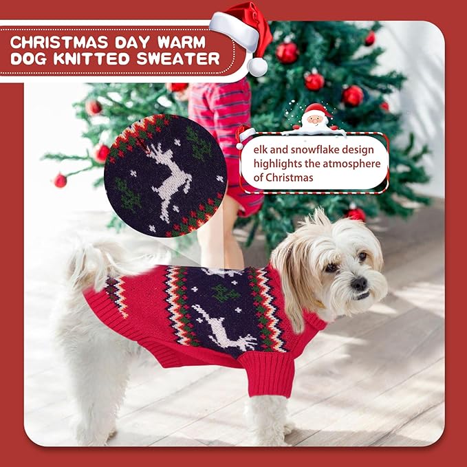 Queenmore Christmas Dog Sweater,Knitted Pullover Christmas Clothes for Dogs,Turtleneck Doggy Christmas Outfit, Warm Dog Sweaters for Small Dogs Boys or Girls L