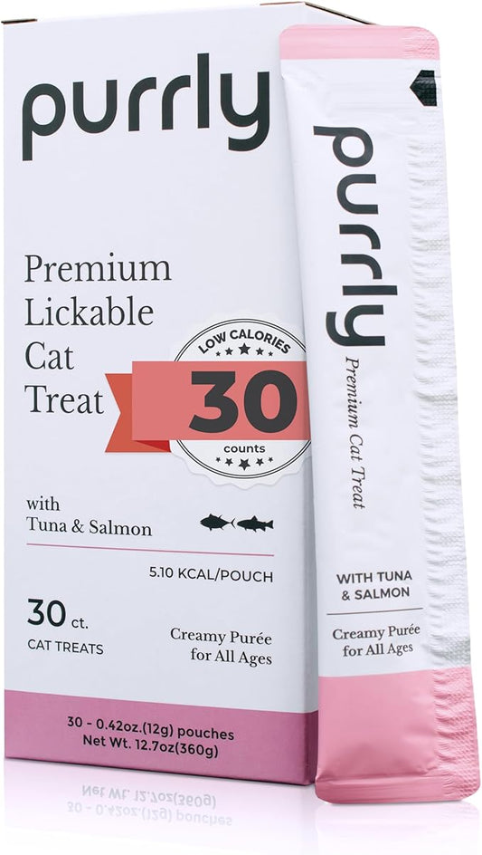 Purrly Squeezable Cat Treats Wet Healthy Interactive Hydrating Human-Grade Tuna & Salmon with Omega-3 & 6 for Skin & Coat (30 Count) Lickable Healthy Creamy Puree