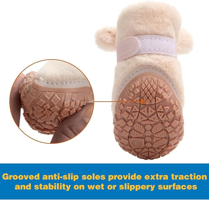Dog Shoes for Small Dogs, Fleece Dog Boots Paw Protector for Comfort and Warmth, Dog Booties with Anti-Slip Sole for Winter Snow Hardwood Floors Walking Pink Size 3
