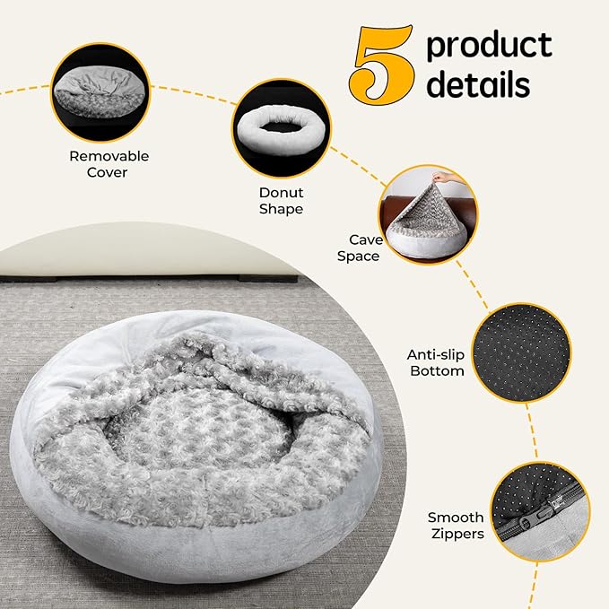 Cave Dog Bed with Blanket Donut Round Plush Cozy Cat Pet Bed for Puppy Machine Washable Removable Cover Anti-Slip Bottom Gray 26X26X8 inch