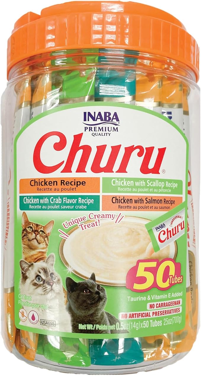 INABA Churu Cat Treats, Grain-Free, Lickable, Squeezable Creamy Purée Cat Treat/Topper with Vitamin E & Taurine, Each 0.5 Ounce (Pack of 50), 50 Tubes, Chicken & Seafood Variety