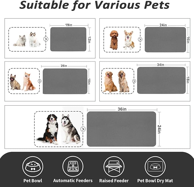 Pet Feeding Mat - Absorbent Dog Mat for Food and Water, No Stains Cat Bowl Mat, Easy to Clean Pet Placemats, Quick Dry Dog Water Dispenser Mat for Messy Drinkers | Dark Grey 12"x 19"