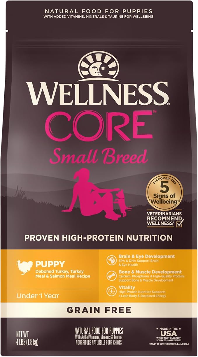 Wellness CORE Puppy Dry Dog Food, Small Breed, Grain-Free, High Protein, Natural, Turkey & Salmon Recipe, (4-Pound Bag)