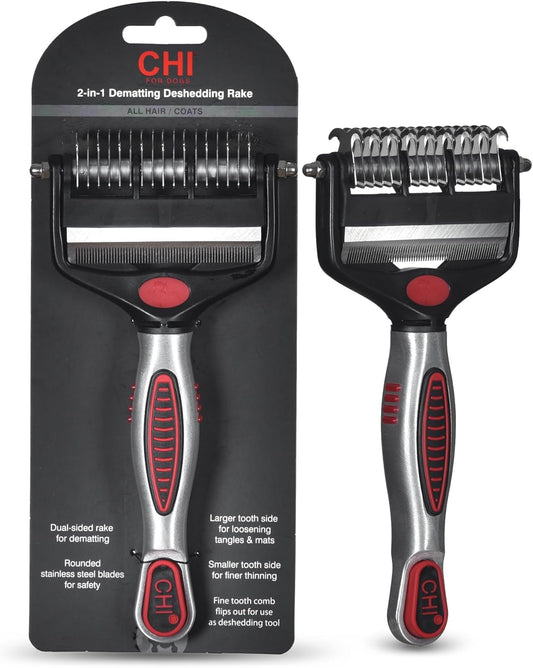 CHI for Dogs 2-in-1 Dematting and Deshedding Rake - Dual-Head Grooming Tool for Mats and Knots - Flip-Out Fine Rake for Smoothing Coats - Large Blade for Thick Fur - Dog Detangler Comb