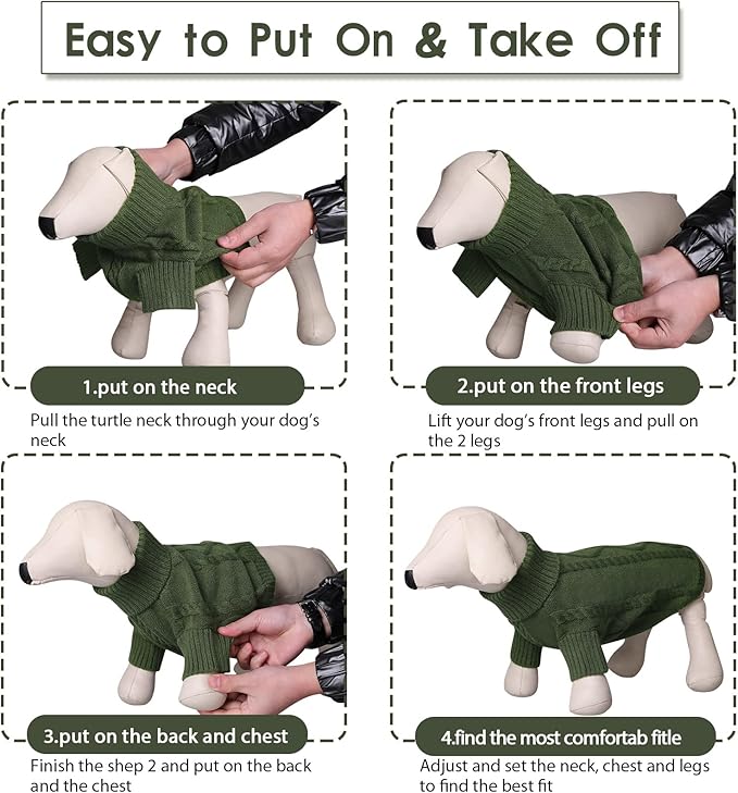 Queenmore Small Dog Pullover Sweater, Cold Weather Cable Knitwear, Classic Turtleneck Thick Warm Clothes for Chihuahua, Bulldog, Dachshund, Pug (Army Green, X-Small)